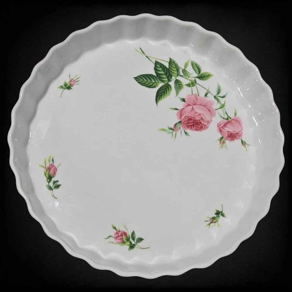 Vintage White Pink Floral Beveled Porcelain 9.5 Inch Quiche Tart 1950s Pie Pan